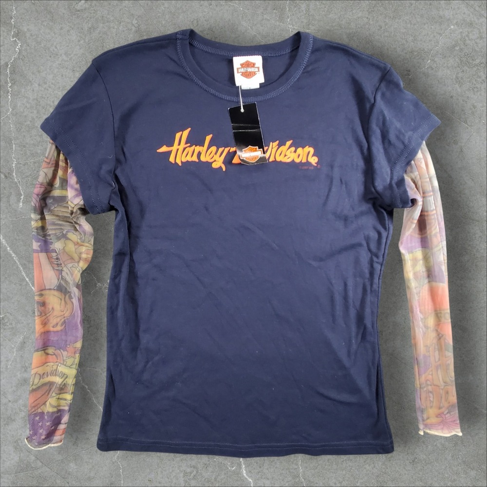 Harley-Davidson T-Shirt Womens L Navy Blue Tattoo Mesh Layered Sleeve B62